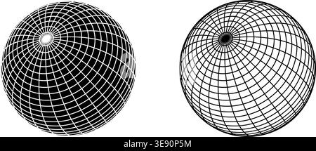 Black and white globe figures with wireframes in angled position. Orb models, spherical shapes, mesh balls. Earth sphere figures with longitude and Stock Vector