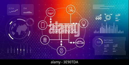 internet of things IoT concept with icons of smart devices connected by lines on purple and orange gradient background featuring data analytics charts Stock Vector