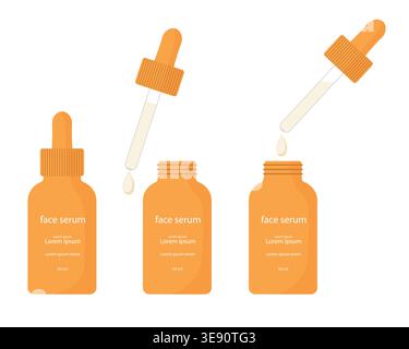 Orange serum bottles with droppers shown in use Stock Vector