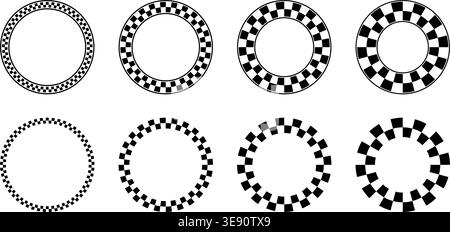 Set of round frames with black and white checkered borders. Circular vignettes with taxi or police, race flag or chessboard pattern. Simple geometric Stock Vector