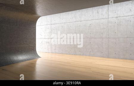 3d Empty modern concrete room with wooden floor Stock Photo