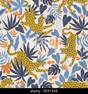 Vector seamless pattern with leopards, flowers, and blue tropical leaves on white background. Trendy style. Stock Vector