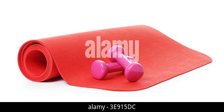 Dumbbells and fitness mat isolated on white Stock Photo