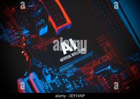 Artificial intelligence concept with computer chip. AI microprocessor closeup. Stock Photo