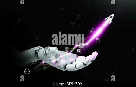 Technology growth concept. A robotic hand supports a data chart and a rising rocket with binary code and AI icons. AI artificial intelligence. Automat Stock Photo
