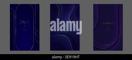 Elegant purple abstract vector background with flowing golden thin lines and premium light effect. Luxurious award invitation with curved metal borders, gold frame banners Stock Vector