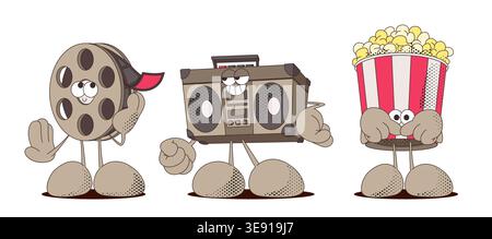 Retro cartoon cinema characters in groovy 90s style, cartoon vector isolated illustrations. Cute movie mascot set of popcorn snack bucket, film reel, and vintage tape recorder, funky comic design Stock Vector