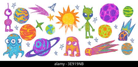 Set of childish crayon space objects and aliens isolated on white background. Vector cartoon illustration of funny chalk Earth, doodle stars, alien creatures and spacecraft, comets with burning tails Stock Vector