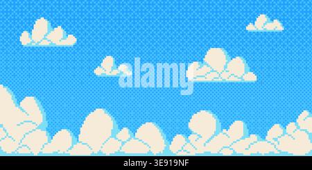 Pixel art blue sky with white fluffy clouds. Retro 8-bit game illustration, vector cartoon background. Bright atmosphere in sunny day for arcade video adventures, mosaic texture Stock Vector