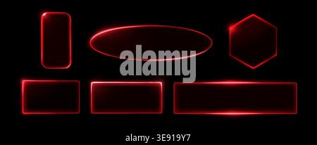 Glass frames set with neon red light effects isolated on black background. Vector realistic illustration of glowing rounded borders, futuristic digital interface elements, geometric gaming screens Stock Vector