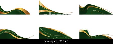 Elegant gold wave design with flowing curves and decorative corner elements, abstract vector background set. Luxury green, golden borders for certificates, invitations, and premium frame templates Stock Vector