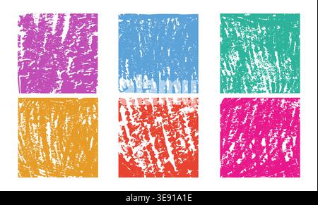 Colorful crayon texture frames with scribbles and doodles, realistic vector backgrounds. Hand drawn childish borders, vibrant pencil strokes for creative designs, color square blocks Stock Vector