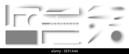 Collection of round, square, oval shadows on white background. Vector realistic illustration of soft blur edge lines, transparent drop effects with gradients and grainy texture, design elements pack Stock Vector