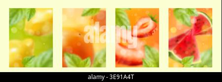Summer gradient backgrounds with abstract blurred fruit shapes, set of vector cards. Fresh colorful defocused illustration with lemon, orange, strawberry and watermelon elements. Modern minimal design Stock Vector