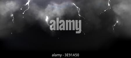 Thunderbolt and lightning strike through stormy dark clouds, realistic vector background. Atmospheric banner with dramatic powerful bolts glowing in the night sky, bad weather illustration, hurricane Stock Vector