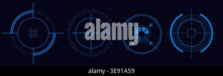 Futuristic hud circles with glowing digital frame, neon target interface, abstract vector illustrations isolated on background. High tech game screen elements for sci-fi design projects Stock Vector
