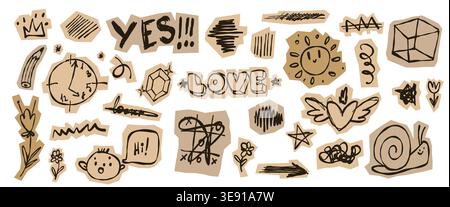 Pack of hand drawn kid doodle stickers isolated on white. Vector illustration of sketch icons on paper pieces, winged heart, Yes message, geometric shapes, creative scribble designs for school banner Stock Vector