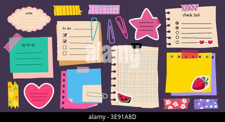 Cute memo paper frames with colorful stickers and doodle elements, cartoon vector set of illustrations. School notebook pages, diary sheets, and decorative tape for kids journals and planners. Stock Vector