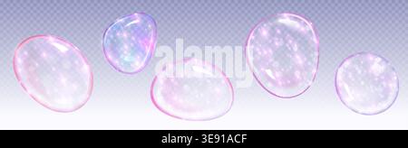 Transparent soap bubble with iridescent rainbow reflections, realistic vector illustrations isolated on background. 3D glossy shapes with holographic effect, water droplets, pink blue gradient shine. Stock Vector