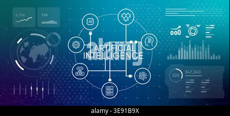 Futuristic artificial intelligence data dashboard with neural network visualization line icons big data analytics world map and various chart elements Stock Vector