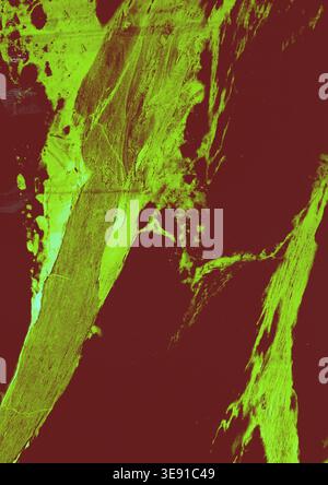 Abstract organic texture with vibrant neon lime green glow on dark burgundy background. High contrast surreal pattern resembling biological cells. Stock Photo