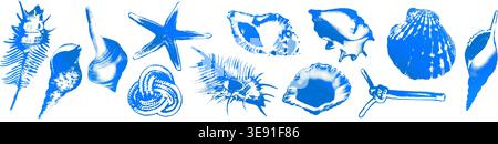 Halftone seashell set blue cyanotype vector illustration Stock Vector