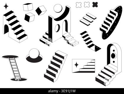 Surreal 3D doors with impossible geometric stairs and ladder, black vector icons isolated on white background. Abstract illusion portals in retro psychedelic style with strange shapes and perspective Stock Vector