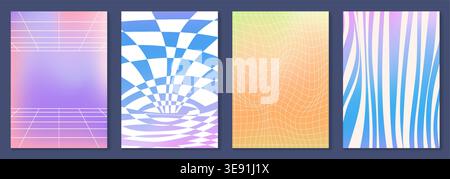Abstract y2k posters set with distorted effect and wireframe pattern on rainbow gradient background. Vector illustration of futuristic wallpaper, neon blue, yellow, purple grid mesh, trendy backdrop Stock Vector