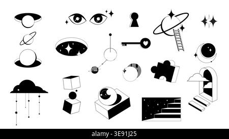 Surreal geometric door to psychedelic space, vector icons isolated on white background. Abstract portals with stairs, optical illusion in retro style. 3D fantasy contemporary eyes, key and planets Stock Vector