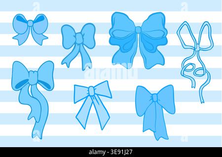 Hand drawn blue coquette bows on stripe pattern background. Cute ribbon outlines, vintage tie icons, girly fashion designs, ballet accessories, and flirtatious holiday decorations. Stock Vector
