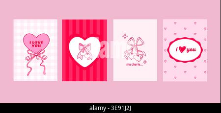 Hand drawn coquette frames with cherry, vintage bow and ribbon details. Girly style Love you cards, french romantic greetings, or elegant Valentine's Day border designs with whimsical charm Stock Vector