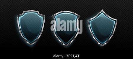 3d transparent glass shields with protective metal frame and realistic light effect, vector icons isolated on background for security design. Guard badge with clean texture, safety emblem, insurance Stock Vector