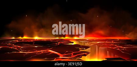 Glowing lava texture with molten magma in ground cracks, fiery red volcanic background, realistic vector illustration. Dramatic hellish liquid flame, broken stone with hot smoke and flying sparks Stock Vector