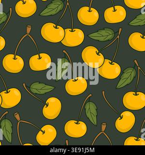 Seamless Pattern with Yellow Sweet Cherries and Rainier Cherry. Golden Berries on Dark Green Emerald Background. Premium Fruit Branding. Vector Illust Stock Vector