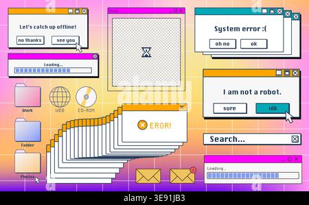 Retro system error message and old icons on computer screen. Vector illustration of Y2K warning window with critical alert, vintage UI elements, folders, email signs, classic desktop interface design Stock Vector