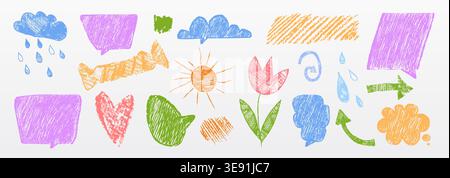 Kids color crayon nature drawings on white background. Vector realistic illustration of hand drawn pastel flowers, sun, cloud, heart, arrows and speech bubbles, cute doodles for school collage design Stock Vector
