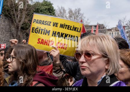 Protesters hold placards during the demonstration. On April 15, 2026, in the province of Kahramanmaras, Turkey, a 14-year-old child carried out an attack that claimed the lives of nine people, including eight students and one teacher. The day before this attack, a similar attack had taken place in the city of Sanliurfa in southeastern Turkey. Following the attacks, teachers across Turkey decided to go on a three-day strike, and mass protests were held. Hundreds of people gathered in front of the Istanbul Provincial Directorate of National Education to protest against the attacks. Stock Photo