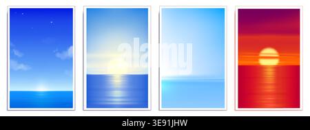 Gradient sea blurred posters with sunset and night starry sky, abstract vector summer background with vibrant blue ocean and warm orange sun, minimalist beach cards, morning, evening scenes Stock Vector