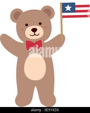 Cute Teddy Bear Holding American Flag Flat Vector Illustration  Isolated. Patriotic Teddy Bear with USA Flag Cute Cartoon Vector. Stock Vector