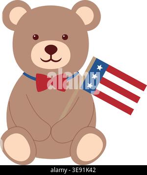 Cute Teddy Bear Holding American Flag Flat Vector Illustration  Isolated. Patriotic Teddy Bear with USA Flag Cute Cartoon Vector. Stock Vector