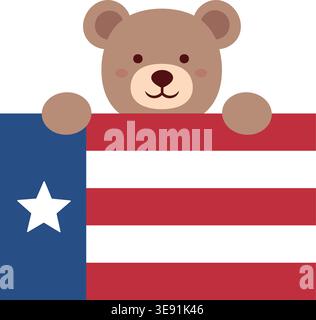 Cute Teddy Bear Holding American Flag Flat Vector Illustration  Isolated. Patriotic Teddy Bear with USA Flag Cute Cartoon Vector. Stock Vector