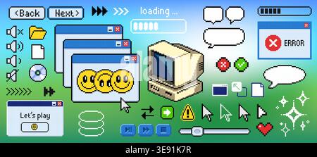 Retro pixel art computer Y2K aesthetic icons, cartoon vector illustration. Colorful 8-bit ui elements, warning window, speech bubbles, and game buttons. Digital stickers, nostalgic 90s internet vibes. Stock Vector