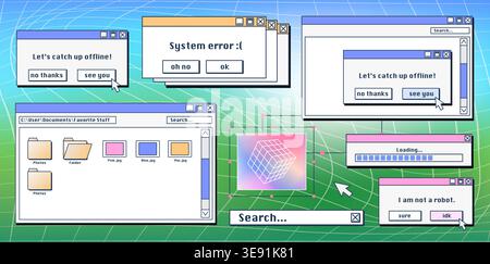 Retro system error message and old icons on computer screen. Vector illustration of Y2K warning window with critical alert, vintage UI elements, folders, search bar, classic desktop interface design Stock Vector