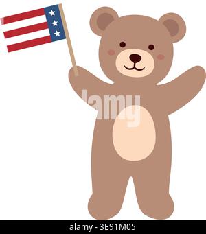 Cute Teddy Bear Holding American Flag Flat Vector Illustration  Isolated. Patriotic Teddy Bear with USA Flag Cute Cartoon Vector. Stock Vector