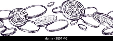 Hand drawn onion rings illustration created with ink pen. Graphic line art sketch for food design, cooking ingredient, harvest theme, restaurant menu Stock Vector