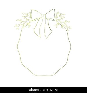Vector bow with long ribbon frame, template, logo. Graphic Spring branches with leaves wreath, postcard, hand drawn illustration isolated on Stock Vector