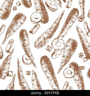 Seamless pattern with hand drawn carrots. Graphic illustration of vegetable, slice and cube for harvest, healthy food, menu design, kitchen textile Stock Vector