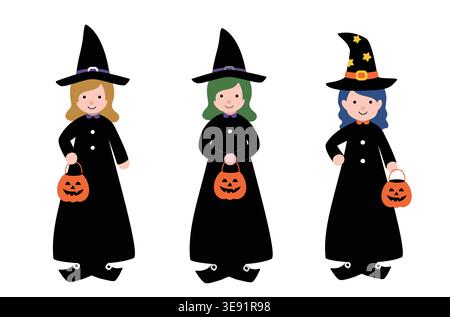 Halloween Witches Clipart Set.   Cute Cartoon Young Witch in Black Robe Holding a Pumpkin Candy Bucket. Flat Vecto Illustration Graphic Design. Stock Vector