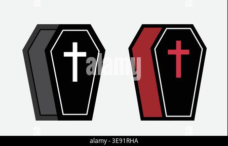 Set of Spooky Halloween  Coffin Decoration Flat Stock Vector Illustration. Halloween Coffin Icons with Cross clipart. Stock Vector