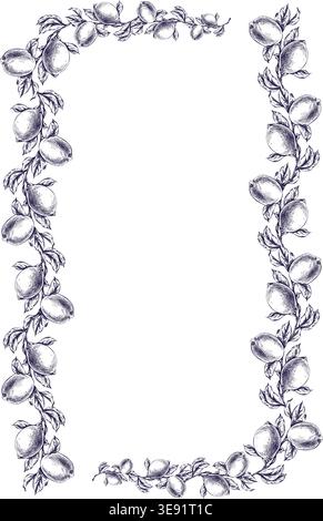 Hand drawn ink illustration of lemon branch frame. Decorative border frame with citrus fruit and leaf. Sketch style botanical design element template Stock Vector
